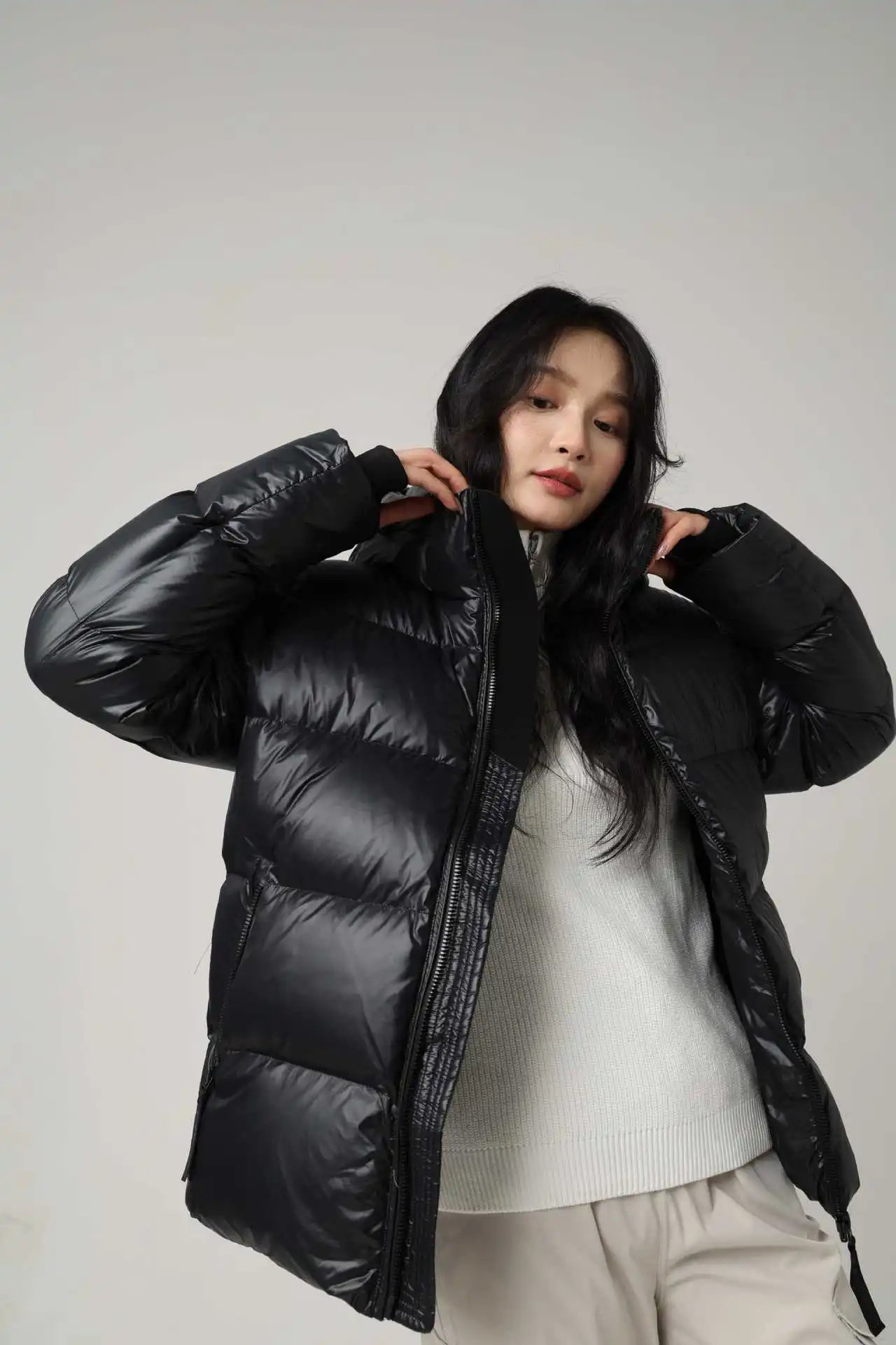 Design Black Glossy Down Jacket with Hood Down Jacket - 8