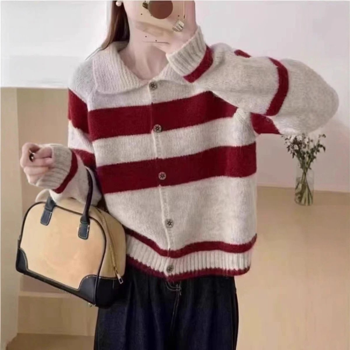 Design Striped Collar Knit Cardigan in Cream and Burgundy