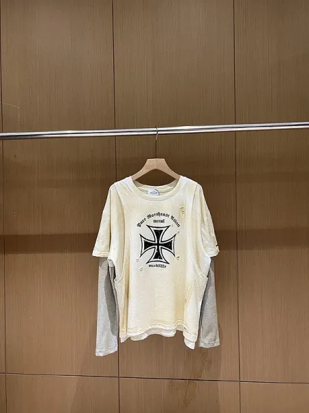 Design Layered Long Sleeve T-Shirt with Iron Cross and Anti-Morality Graphic Beige - 3