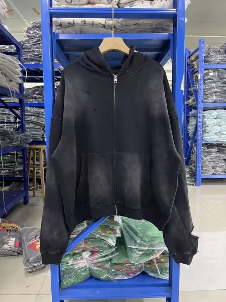 Design Distressed Oversized Zip-Up Hoodie Black - 1