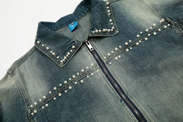 Design Denim Jacket with Pearl Embellishment Gray - 6