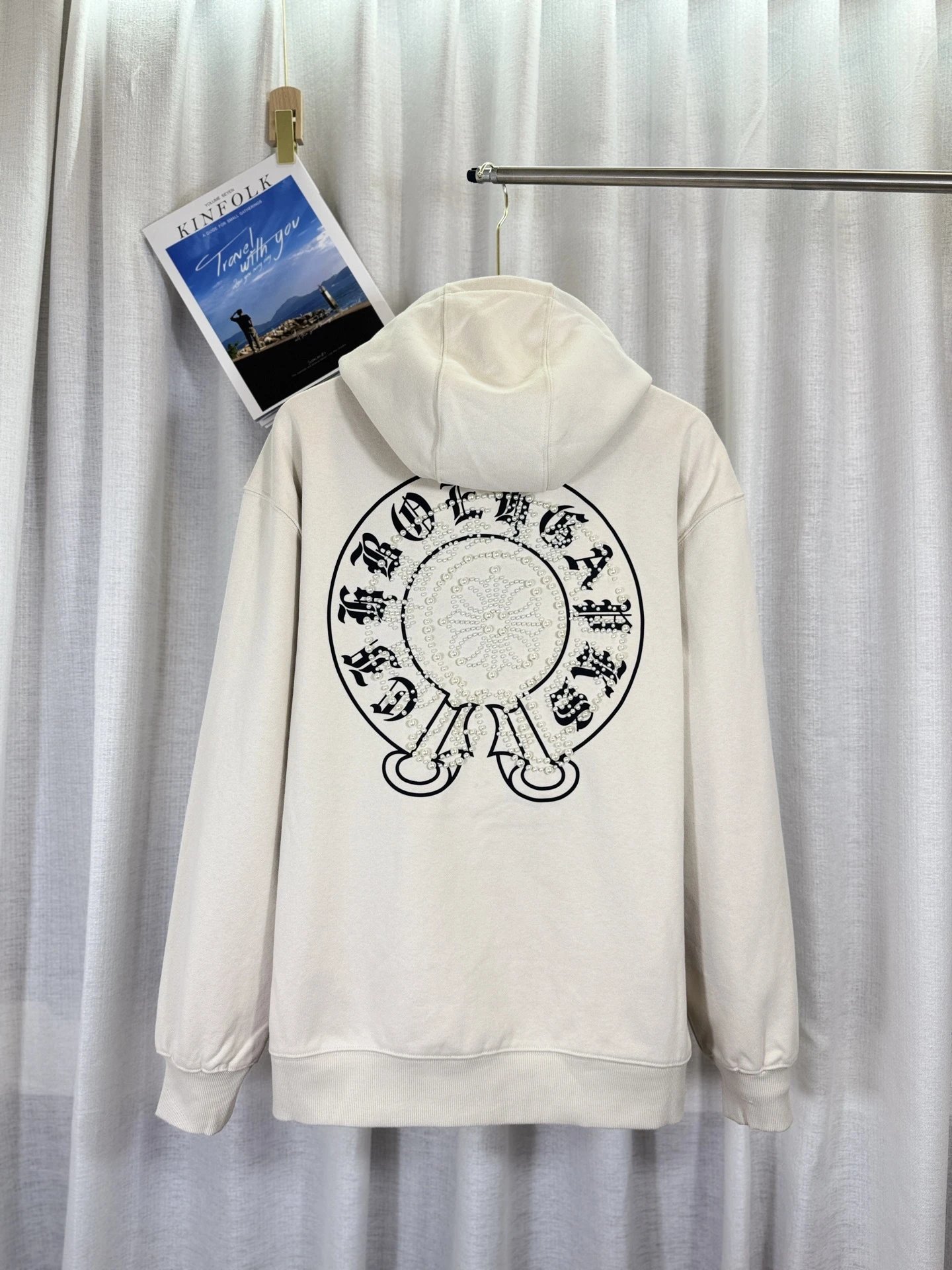 Design Pearl-Embellished Gothic Logo Hoodie White - 16