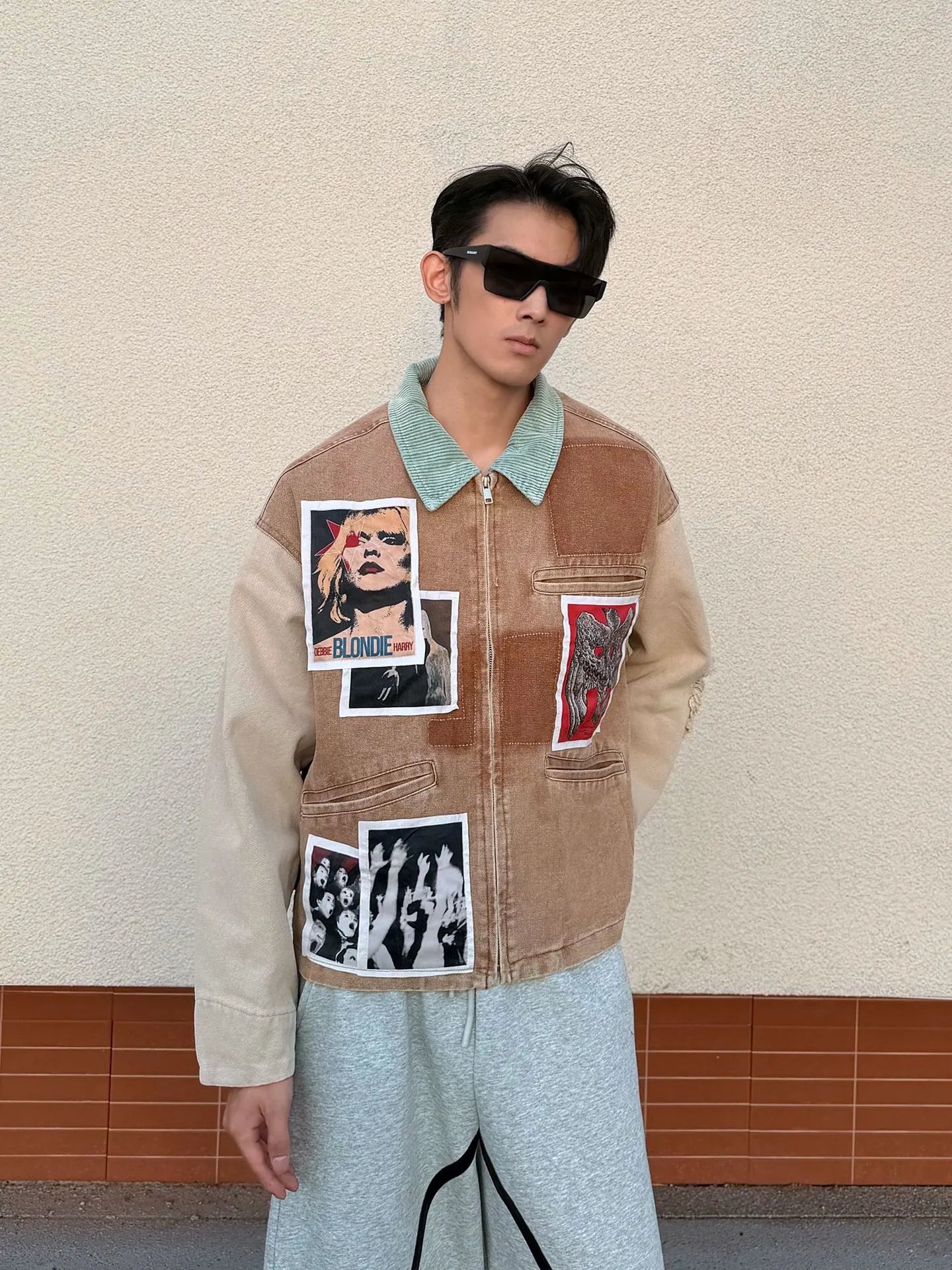 Design Patchwork Denim Jacket Beige Multicolor Outerwear - 4