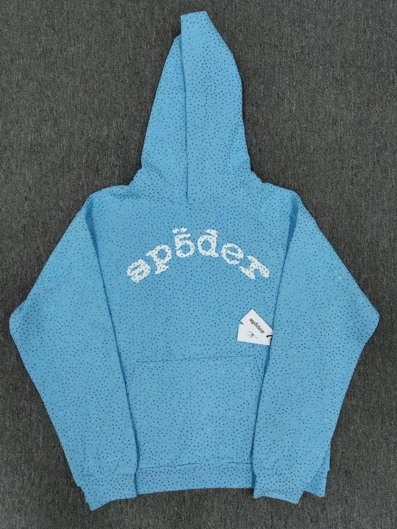 Sp5der Hoodies & Sweatshirts Rhinestone Spider Graphic Hoodie — Light blue and white vvs Sweatshirt