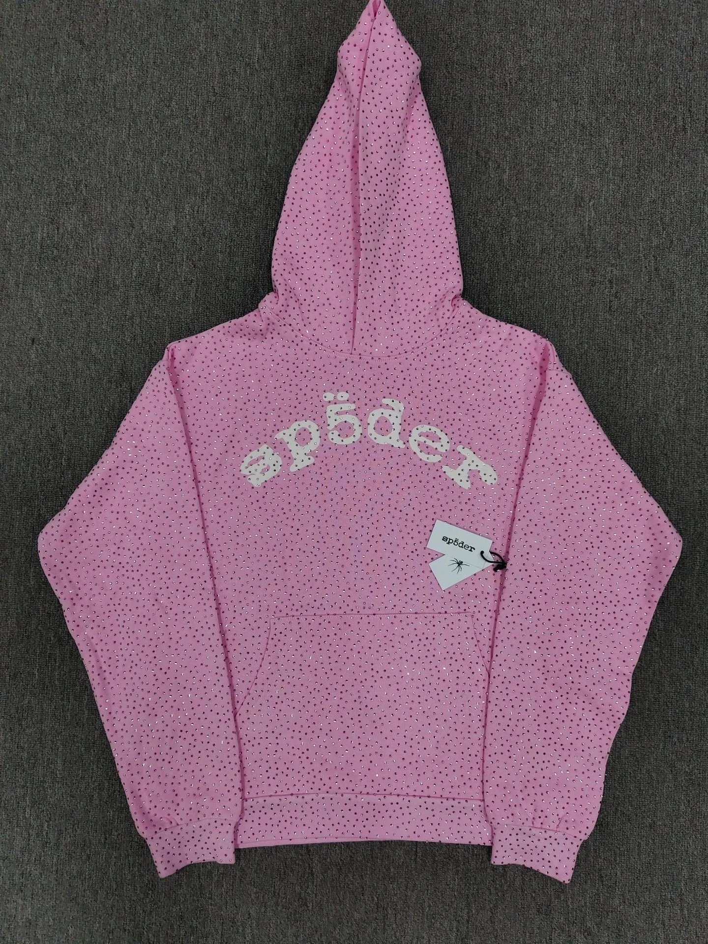 Sp5der Hoodies & Sweatshirts Rhinestone Spider Graphic Hoodie — Light pink and white vvs Sweatshirt