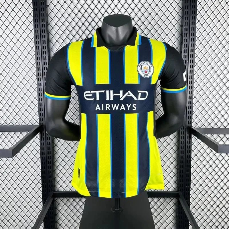 Manchester City FC 2023-24 Third Jersey Yellow and Navy Striped Football Shirt