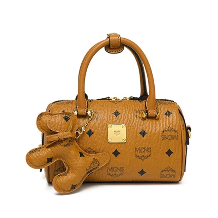 MCM Mini Boston Bag Tan Visetos with Gingerbread Charm Handbag