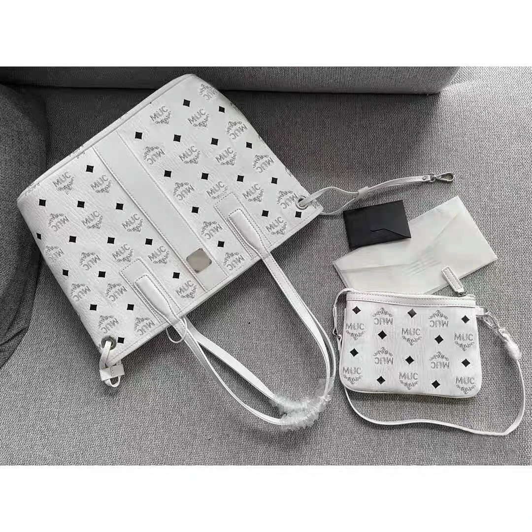 MCM Visetos Mini Tote Bag White with Logo Print Handbag