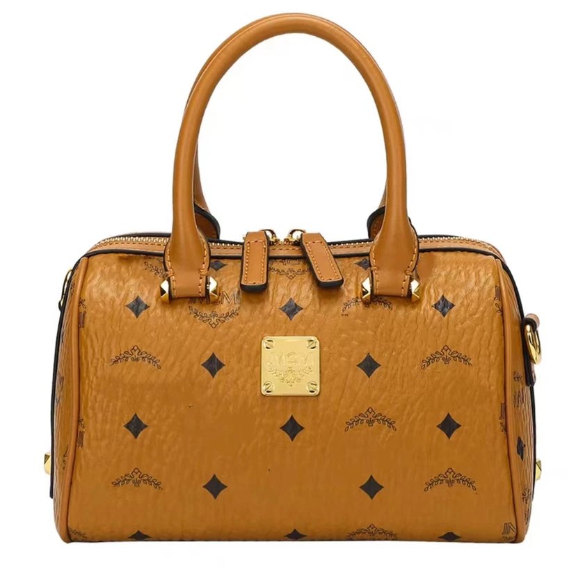 MCM Visetos Mini Boston Bag Cognac Handbag