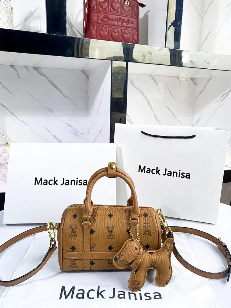 Design Mack Janisa Bear-Print Boston Bag Tan Handbag Handbags