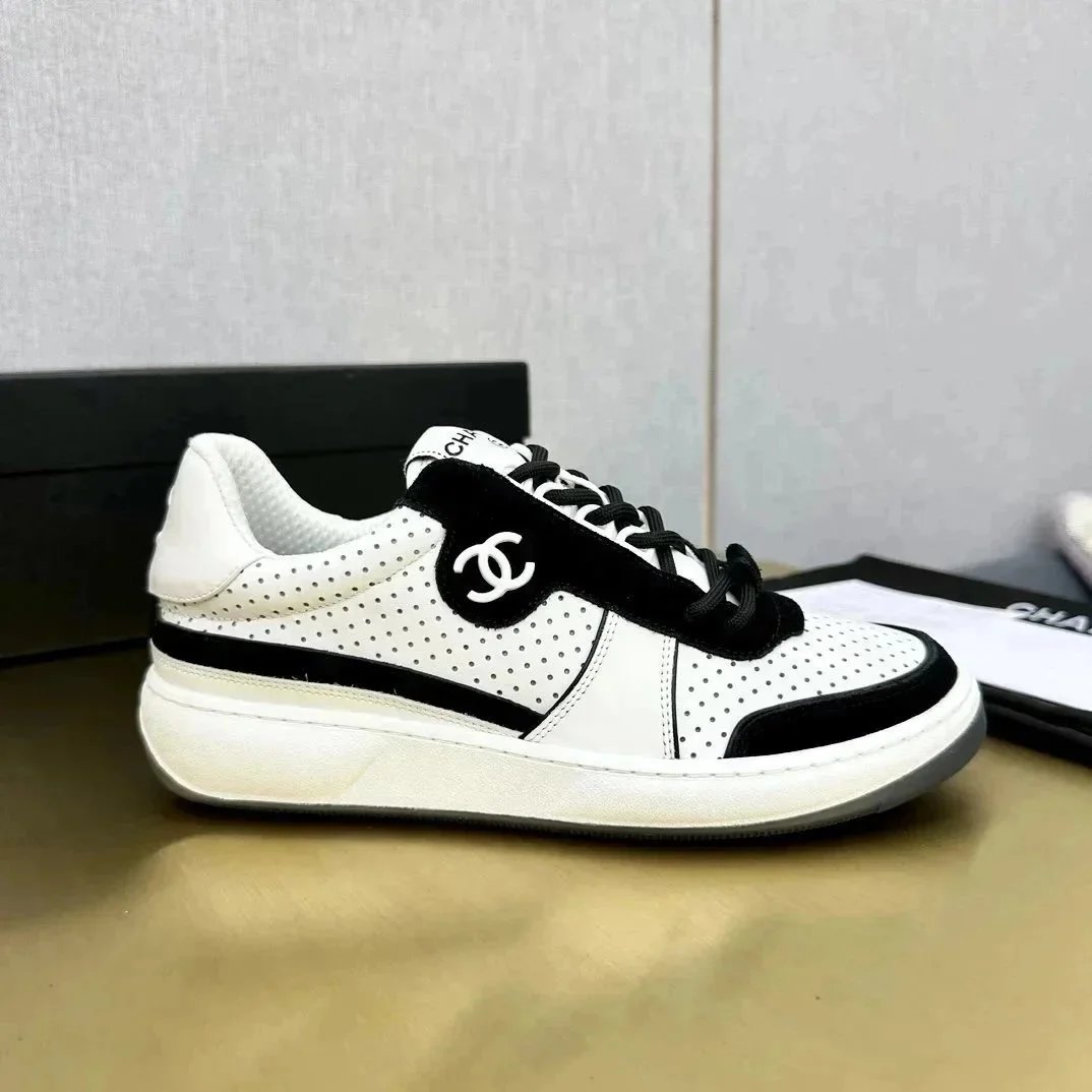 Chanel Sporty Sneakers White and Black Perforated Leather Sneakers - 1