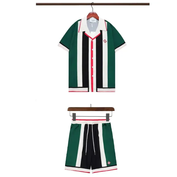 Cesblanca Striped Polo Shirt and Shorts Set Green-Black-White - 1