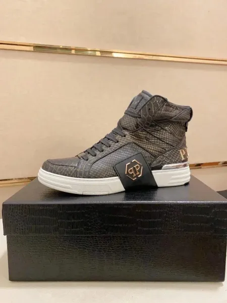 Philipp Plein PP High-Top Sneakers Gray Snake-Print Leather Sneakers - 1