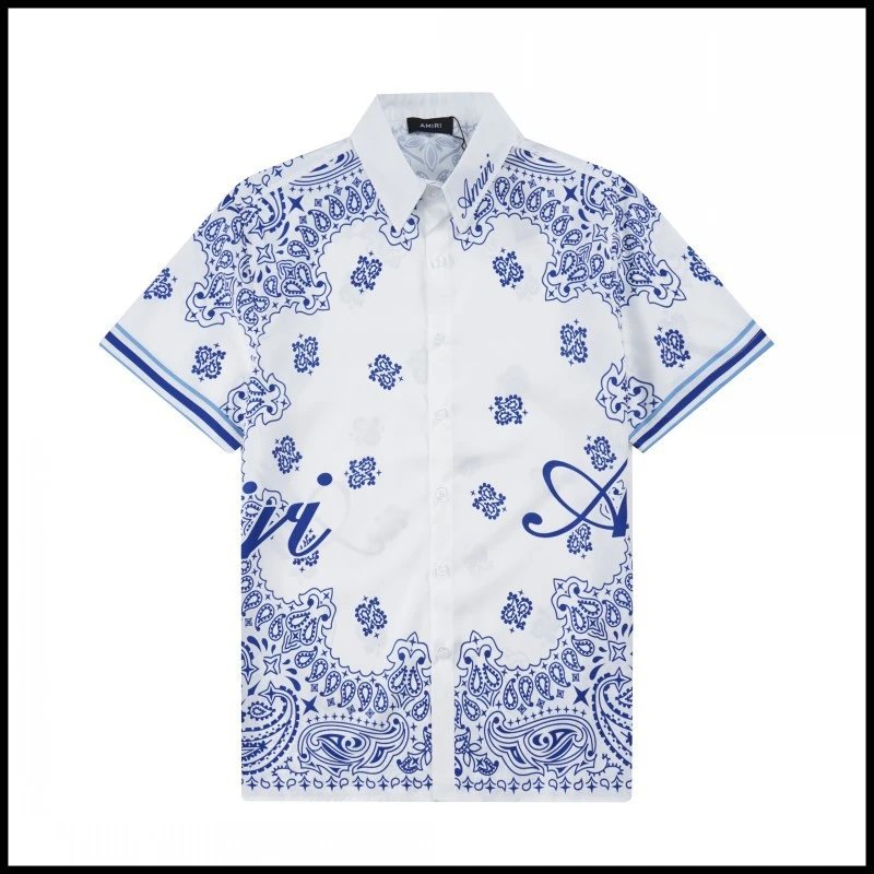 AMIRI Shirts Short-sleeve button-up shirt with paint-drip logo graphic — 9677 Blue