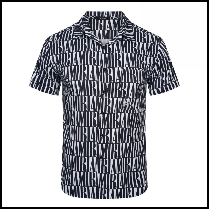AMIRI Shirts Short-sleeve button-up shirt with paint-drip logo graphic — 9589 Light Black