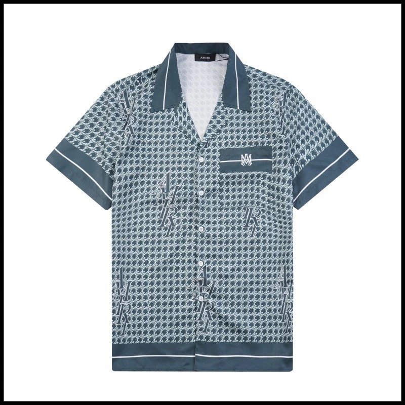 AMIRI Shirts Short-sleeve button-up shirt with paint-drip logo graphic — 9698 Grey Blue