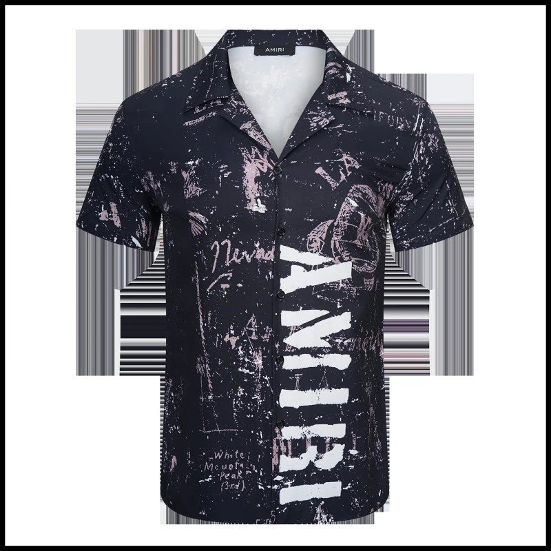 AMIRI Shirts Short-sleeve button-up shirt with paint-drip logo graphic — 9167 Black