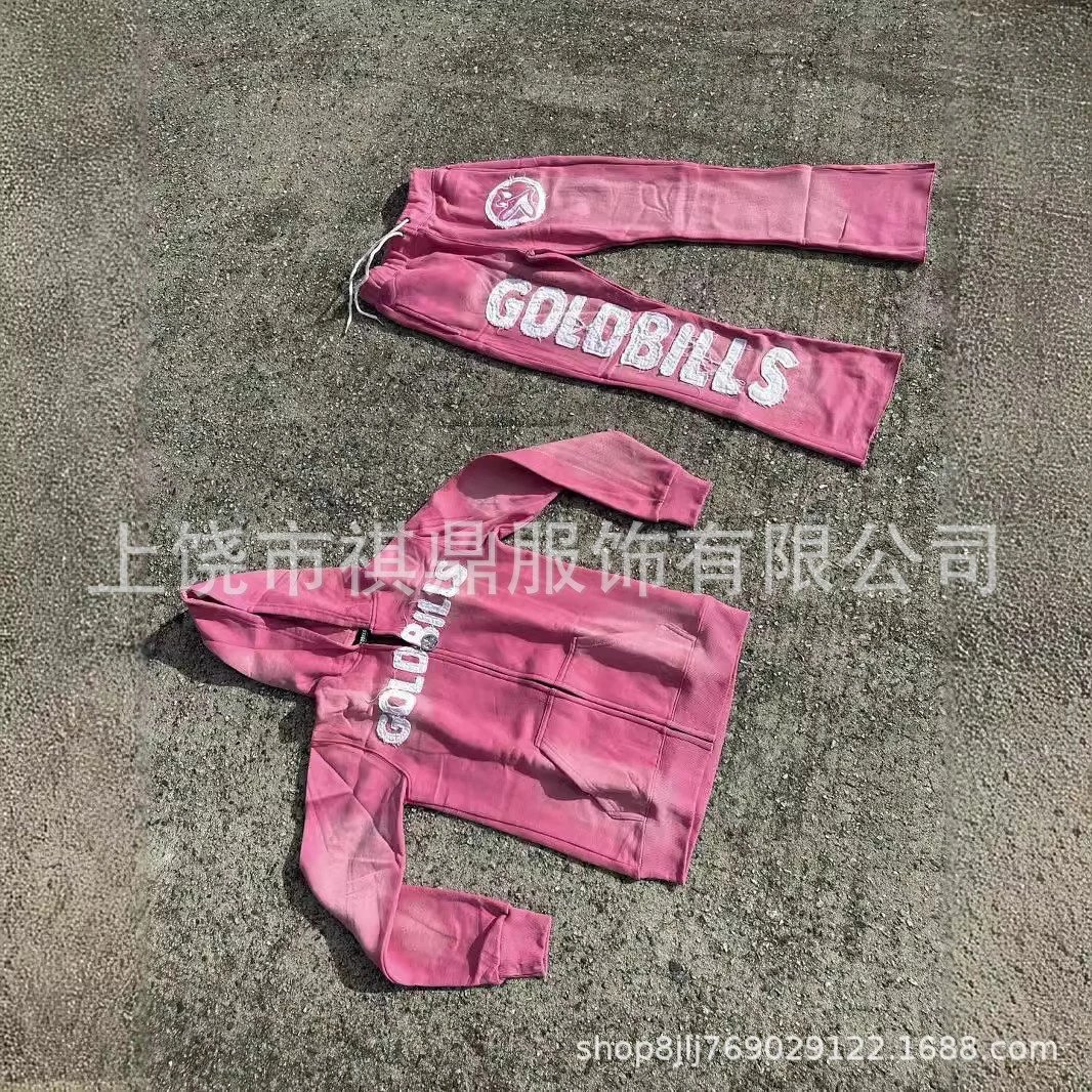 Design Goldbills Distressed Logo Hoodie and Sweatpants Set Black Sets - 5