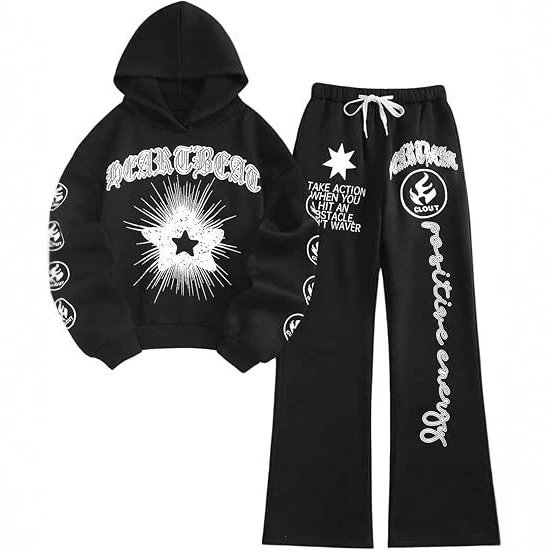 Unbranded Matching Sets Letter and Star Graphic Hoodie Wide-Leg Sweatpants Set image 3