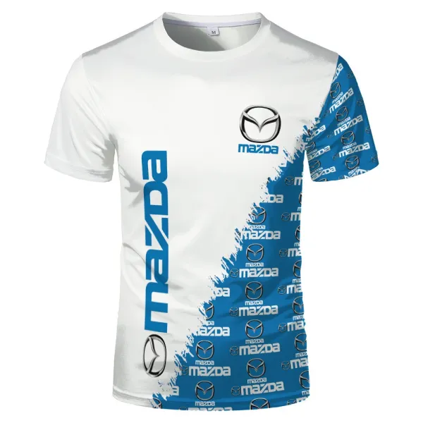 Mazda Logo Print Split-Design White and Blue T-Shirt - 1