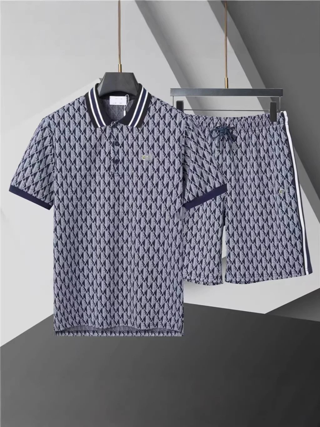 Design Diamond Pattern Polo and Shorts Set Beige Multicolor - 13