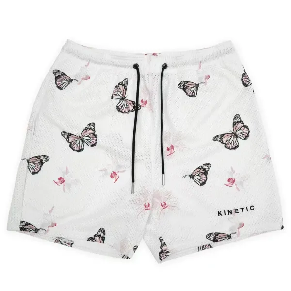 Design Kinetic Butterfly Print Mesh Shorts White Shorts - 1