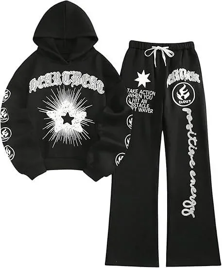 Unbranded Matching Sets Letter and Star Graphic Hoodie Wide-Leg Sweatpants Set product detail image 1