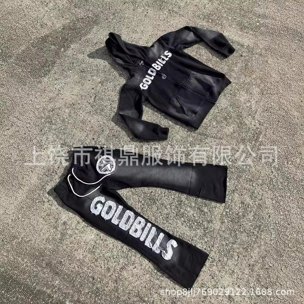 Design Goldbills Distressed Logo Hoodie and Sweatpants Set Black Sets - 4