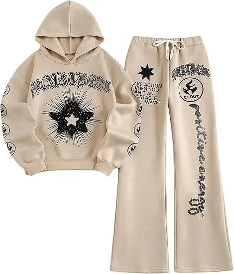 Unbranded Matching Sets Letter and Star Graphic Hoodie Wide-Leg Sweatpants Set product detail image 3