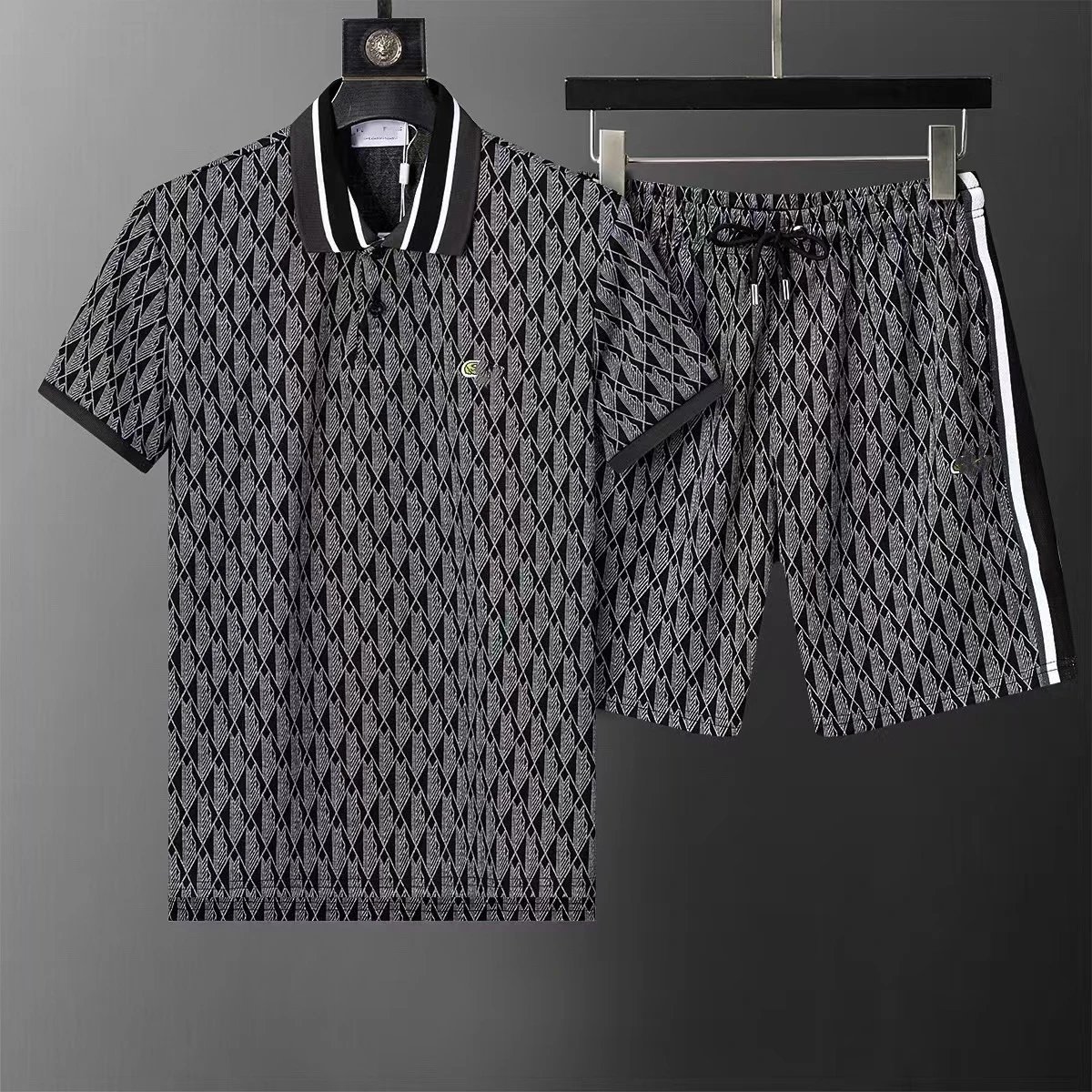 Design Diamond Pattern Polo and Shorts Set Beige Multicolor - 3