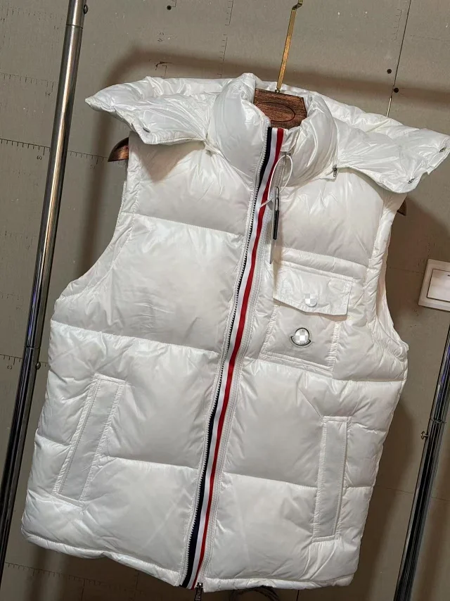 Moncler Vests Glossy quilted stand-collar down vest with contrast-trimmed collar product detail image 3