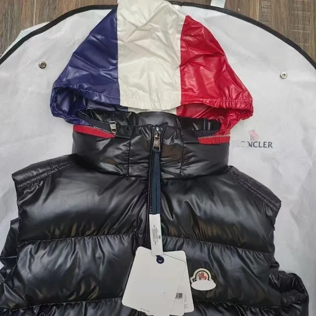 Moncler Vests Glossy quilted stand-collar down vest with contrast-trimmed collar product detail image 10