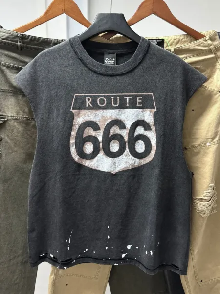 Design Saint Michael Cho Route 66 Distressed Sleeveless T-Shirt Gray T-Shirts - 11