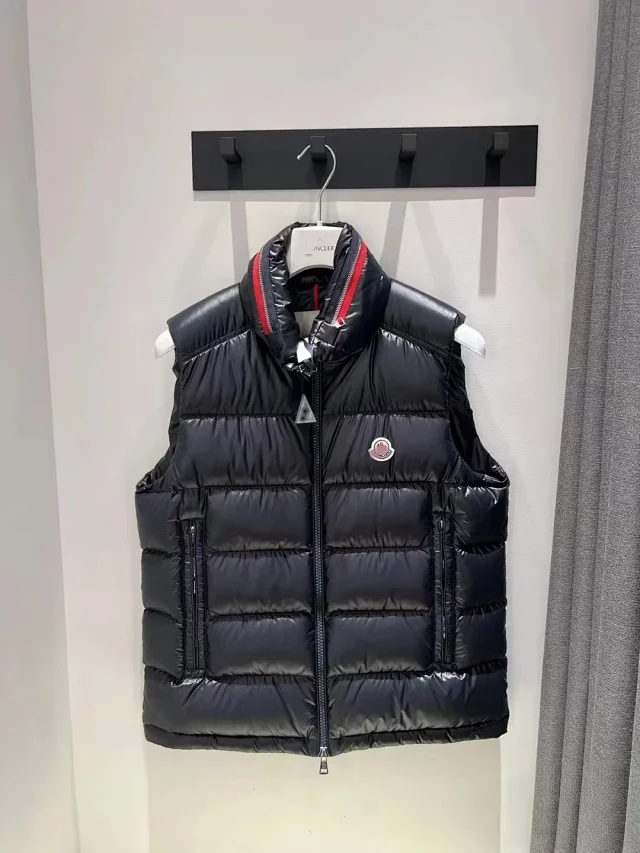 Moncler Vests Glossy quilted stand-collar down vest with contrast-trimmed collar product detail image 4
