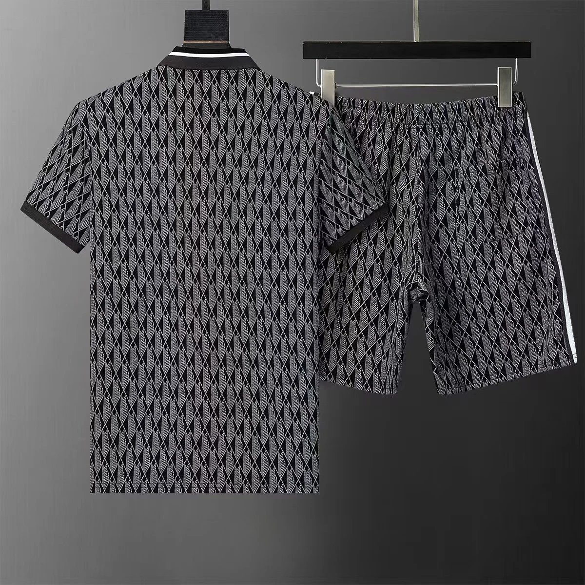 Design Diamond Pattern Polo and Shorts Set Beige Multicolor - 4