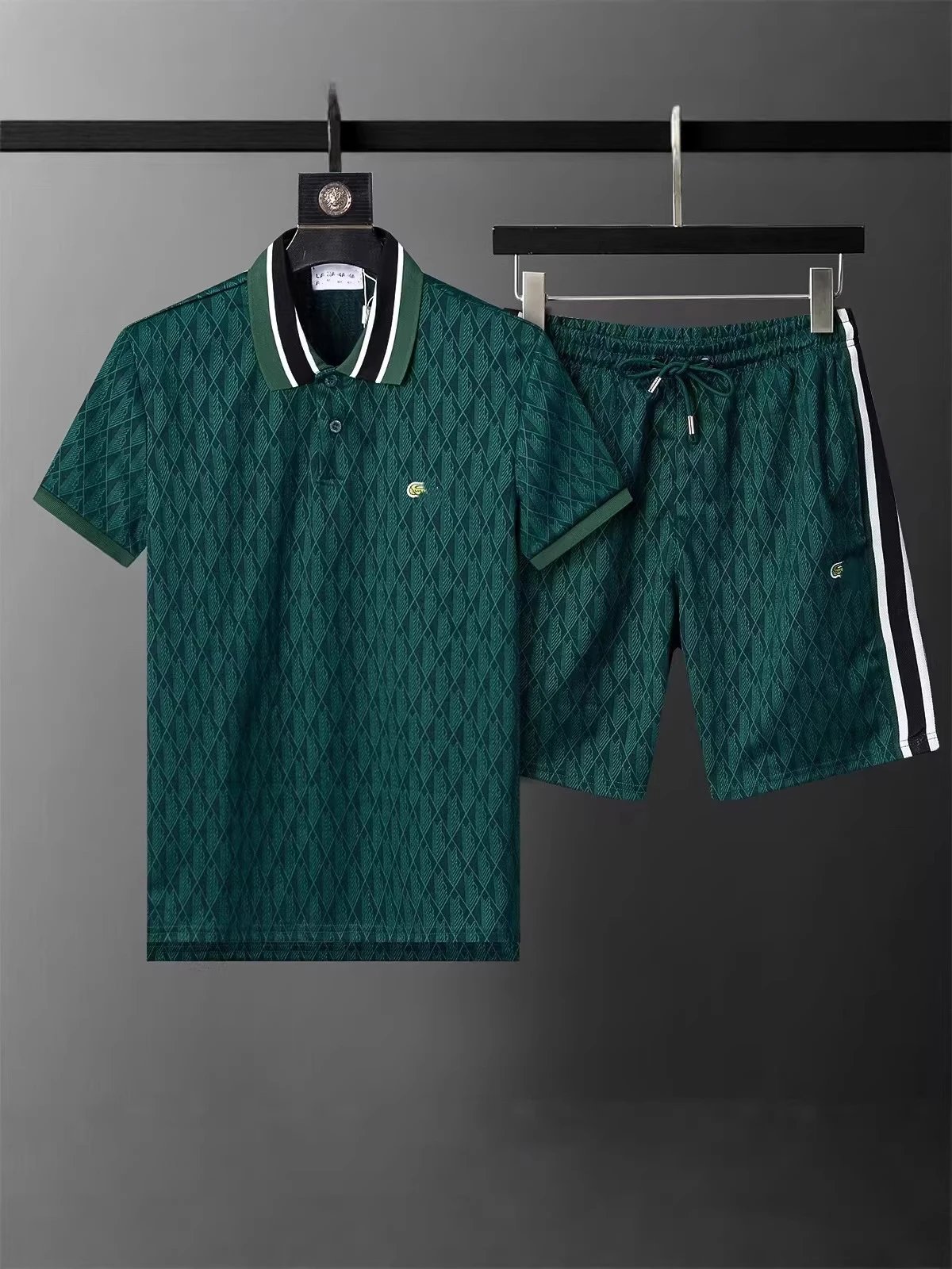 Design Diamond Pattern Polo and Shorts Set Beige Multicolor - 14