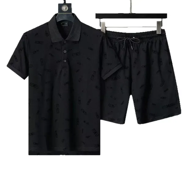 Design All-Over Logo Print Black Polo and Shorts Set - 1