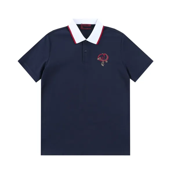 Gucci Embroidered Polo Navy with White Collar and Red Trim Tops Polo - 1