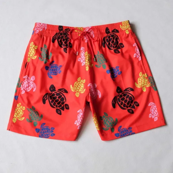 Design Turtle Print Red Swim Shorts Swimwear - 1