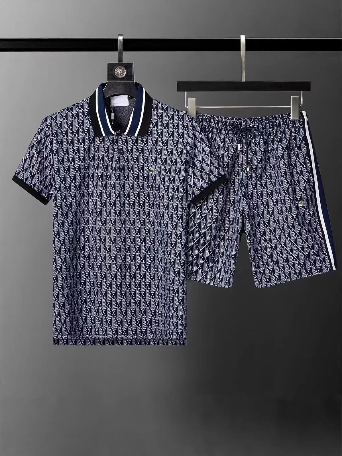 Design Diamond Pattern Polo and Shorts Set Beige Multicolor - 12