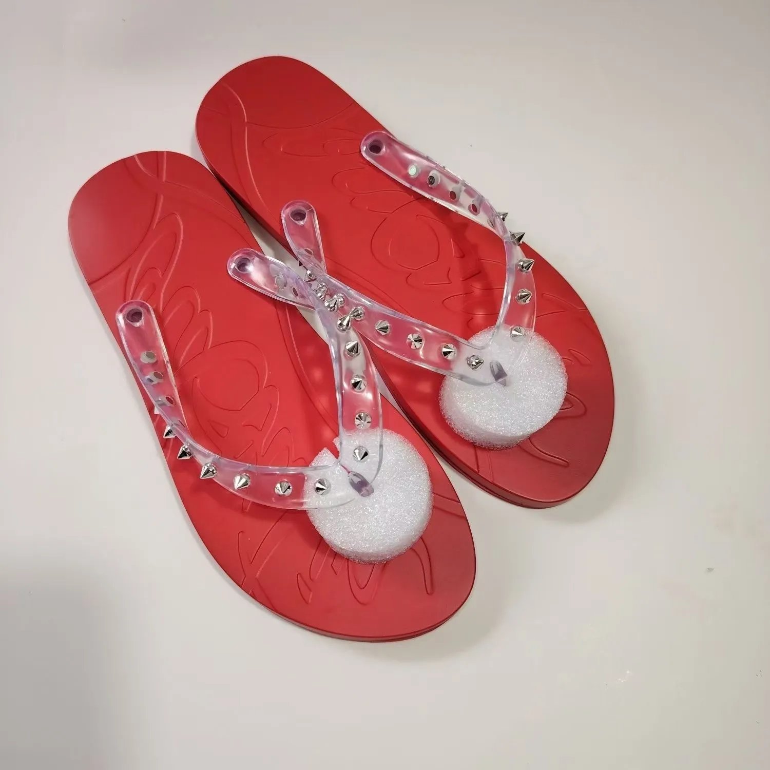 Christian Louboutin Sandals Studded Rubber Slide — Red transparent flip-flops