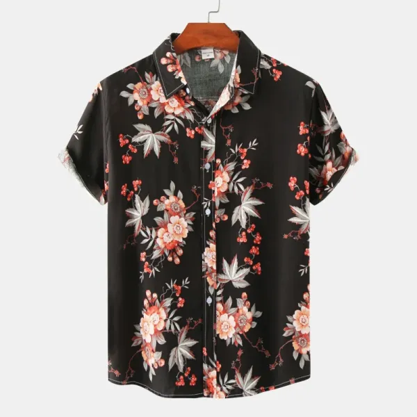 Design Floral Print Short-Sleeve Button-Up Shirt Black Tops Shirt - 1