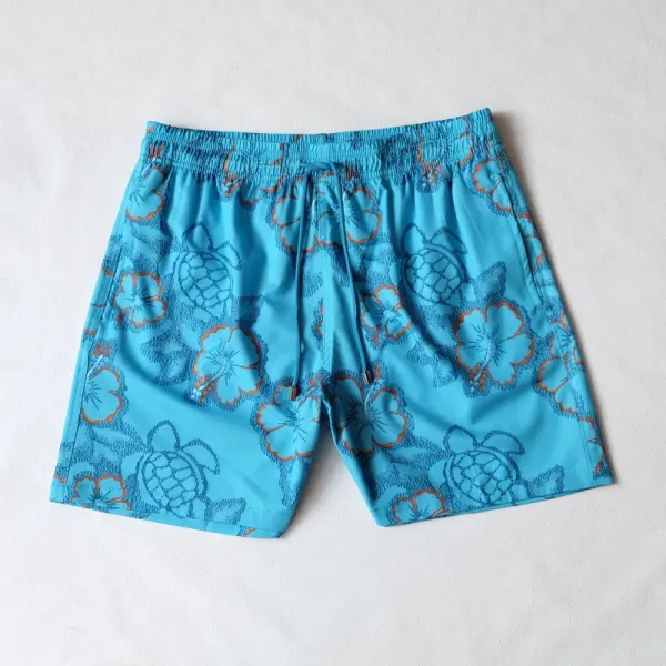 Design Tropical Turtle and Hibiscus Print Swim Trunks Blue Swimwear - 1