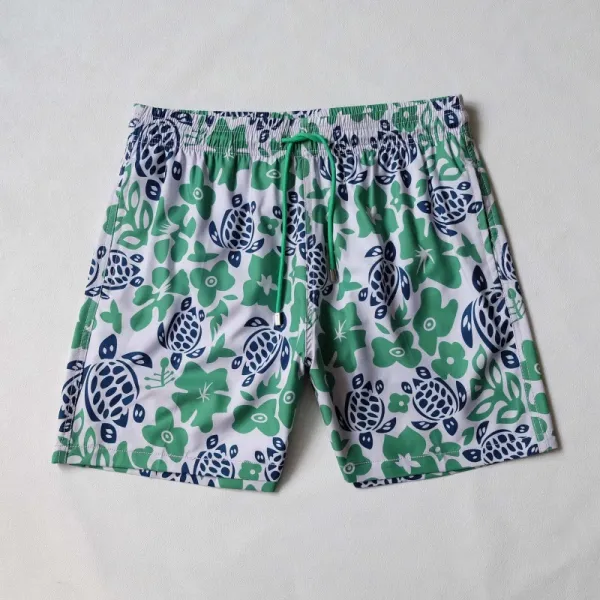 Design Turtle Print Swim Trunks White Green Navy Swimwear - 1
