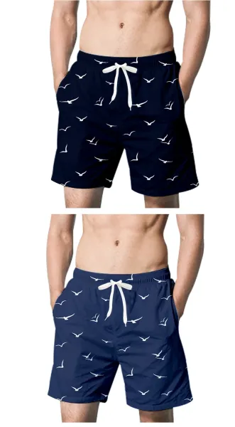 Design Palm Leaf Print Navy Swim Shorts Swimwear - 14