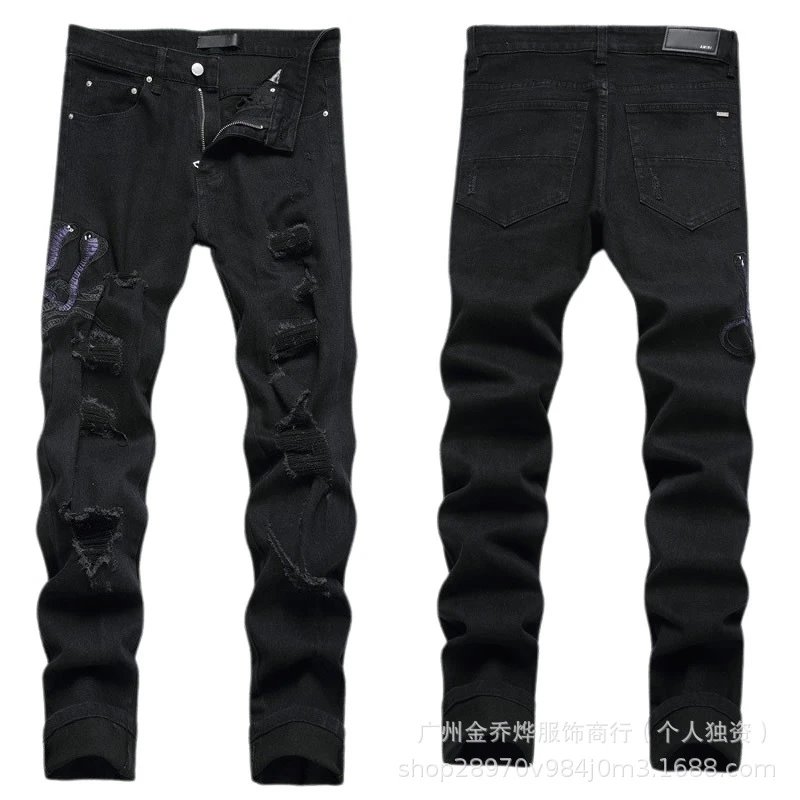 Design Distressed Black Snake-Embroidered Slim Fit Jeans - 13