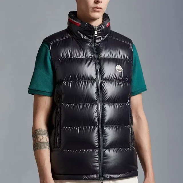 Moncler Vests Glossy quilted stand-collar down vest with contrast-trimmed collar product detail image 7
