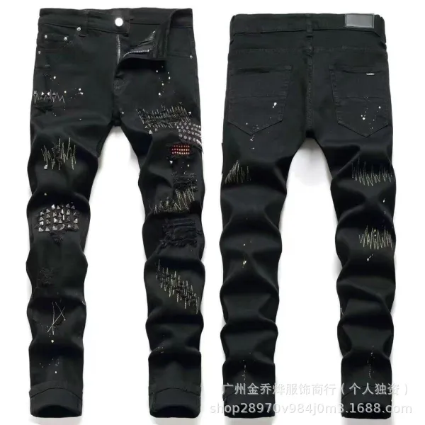 Design Distressed Studded Black Jeans - 1