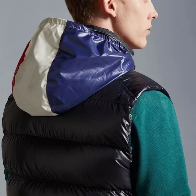 Moncler Vests Glossy quilted stand-collar down vest with contrast-trimmed collar product detail image 6