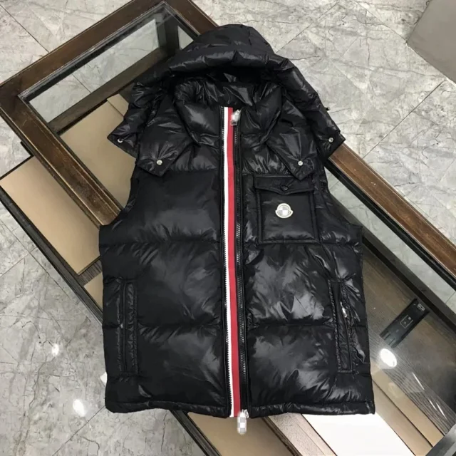 Moncler Vests Glossy quilted stand-collar down vest with contrast-trimmed collar product detail image 2